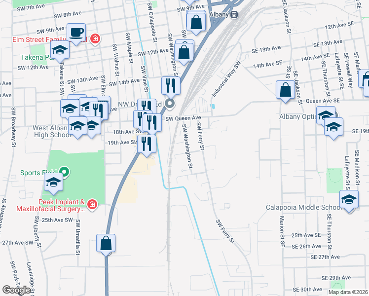 map of restaurants, bars, coffee shops, grocery stores, and more near 455 20th Avenue Southwest in Albany