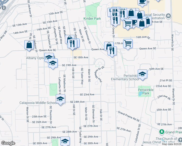 map of restaurants, bars, coffee shops, grocery stores, and more near 1780 Pine Meadow Drive Southeast in Albany