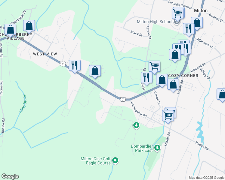 map of restaurants, bars, coffee shops, grocery stores, and more near 6 Merrill Lane in Chittenden County