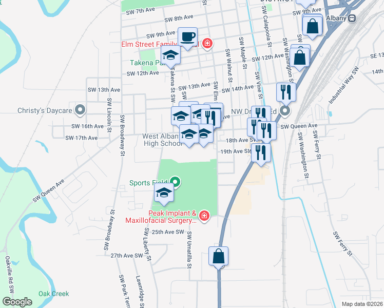 map of restaurants, bars, coffee shops, grocery stores, and more near 1130 Southwest Queen Avenue in Albany