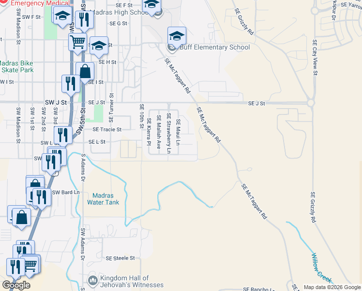 map of restaurants, bars, coffee shops, grocery stores, and more near 923 Southeast Strawberry Lane in Madras