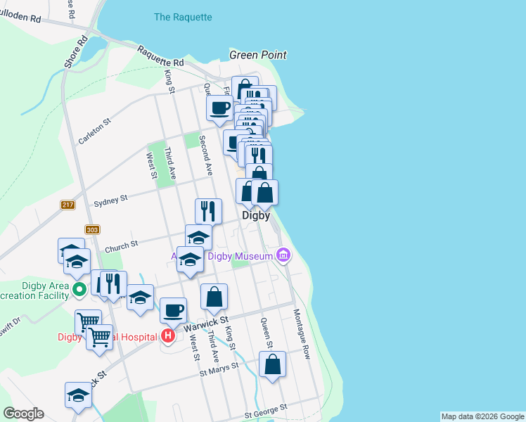 map of restaurants, bars, coffee shops, grocery stores, and more near 9 Water Street in Digby