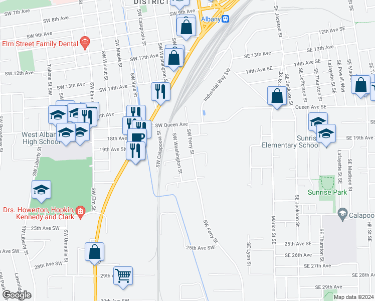 map of restaurants, bars, coffee shops, grocery stores, and more near 1904 Southwest Ferry Street in Albany