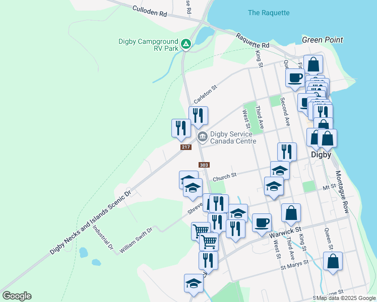 map of restaurants, bars, coffee shops, grocery stores, and more near 111 Prince William Street in Digby