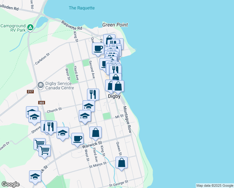 map of restaurants, bars, coffee shops, grocery stores, and more near 9 Water Street in Digby