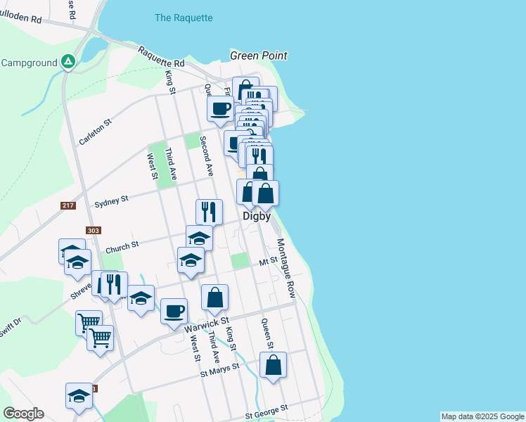 map of restaurants, bars, coffee shops, grocery stores, and more near 9 Water Street in Digby