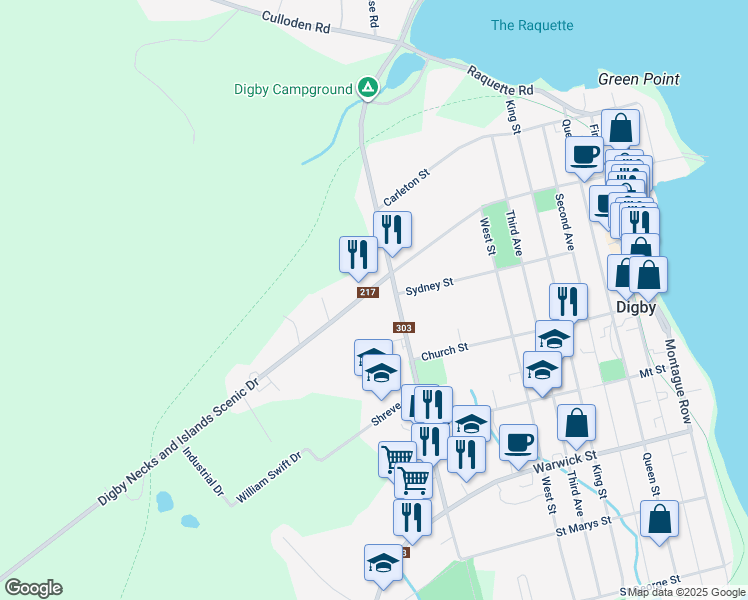 map of restaurants, bars, coffee shops, grocery stores, and more near 111 Prince William Street in Digby