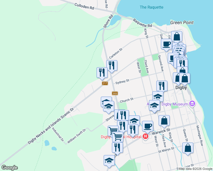 map of restaurants, bars, coffee shops, grocery stores, and more near 145 Victoria Street in Digby