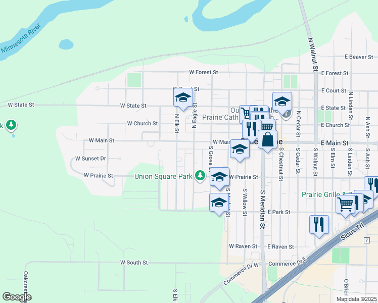 map of restaurants, bars, coffee shops, grocery stores, and more near 119 South Eagle Street in Belle Plaine