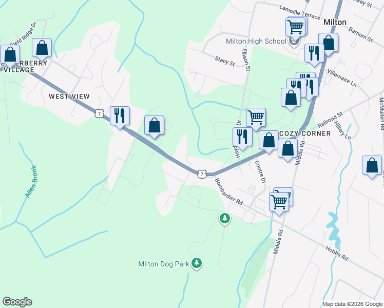 map of restaurants, bars, coffee shops, grocery stores, and more near 6 Merrill Lane in Chittenden County