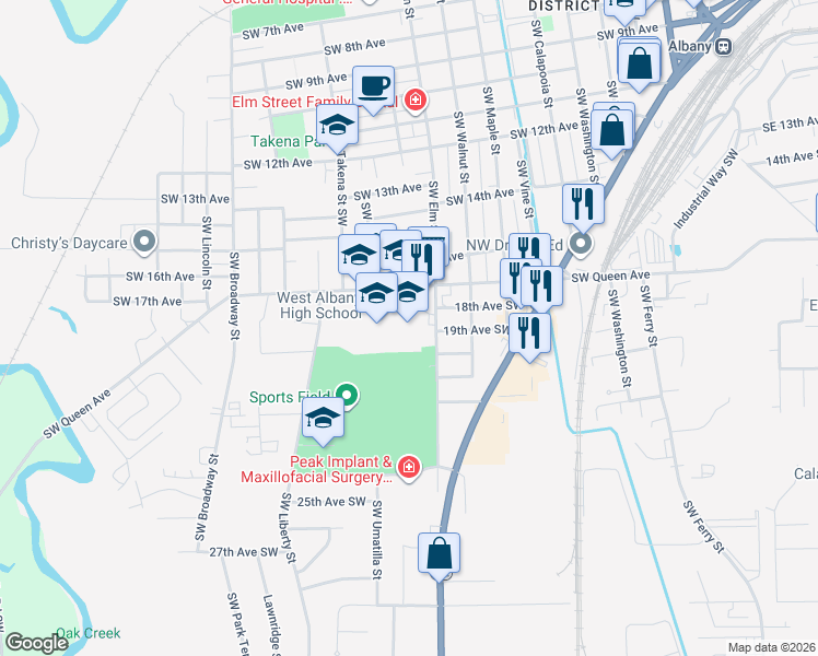 map of restaurants, bars, coffee shops, grocery stores, and more near 1050 Southwest Queen Avenue in Albany