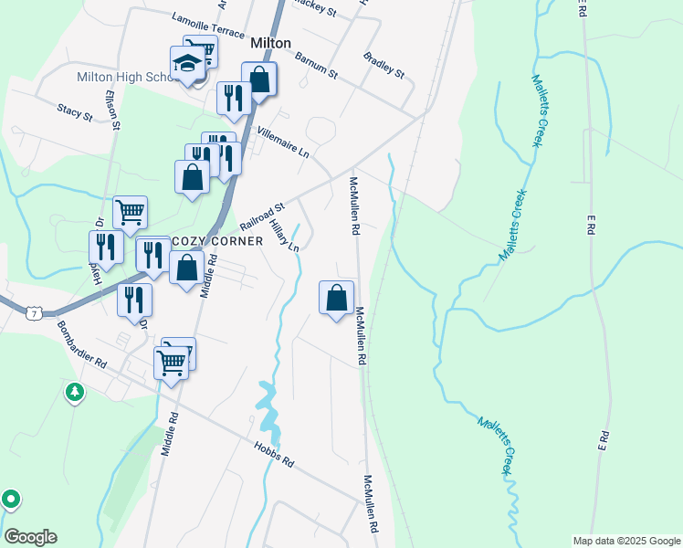map of restaurants, bars, coffee shops, grocery stores, and more near 16 Hummingbird Lane in Milton