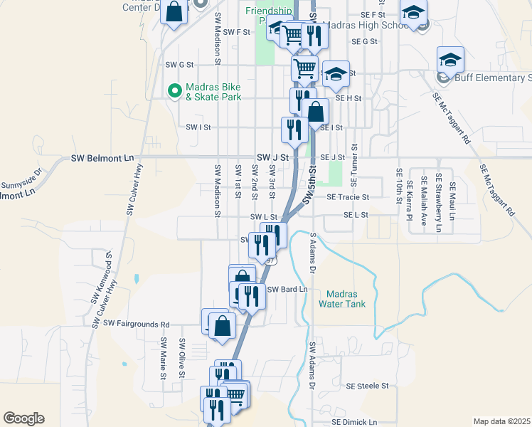 map of restaurants, bars, coffee shops, grocery stores, and more near 884 Southwest 3rd Street in Madras