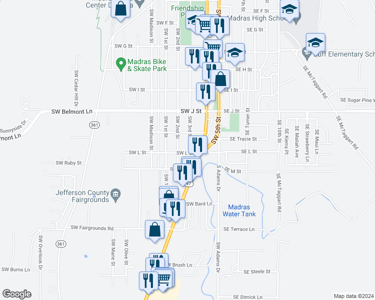 map of restaurants, bars, coffee shops, grocery stores, and more near 886 Southwest 3rd Street in Madras