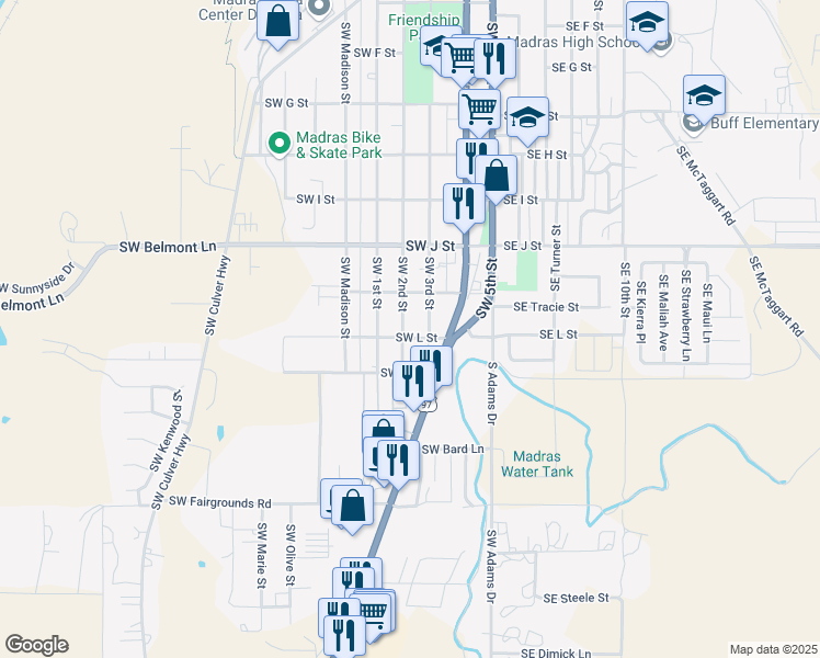 map of restaurants, bars, coffee shops, grocery stores, and more near 883 Southwest 2nd Street in Madras