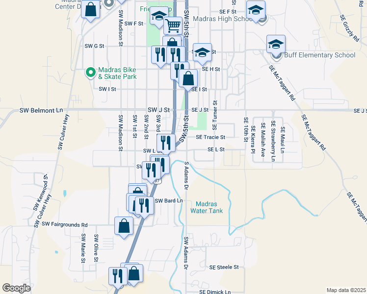 map of restaurants, bars, coffee shops, grocery stores, and more near 880 South Adams Drive in Madras