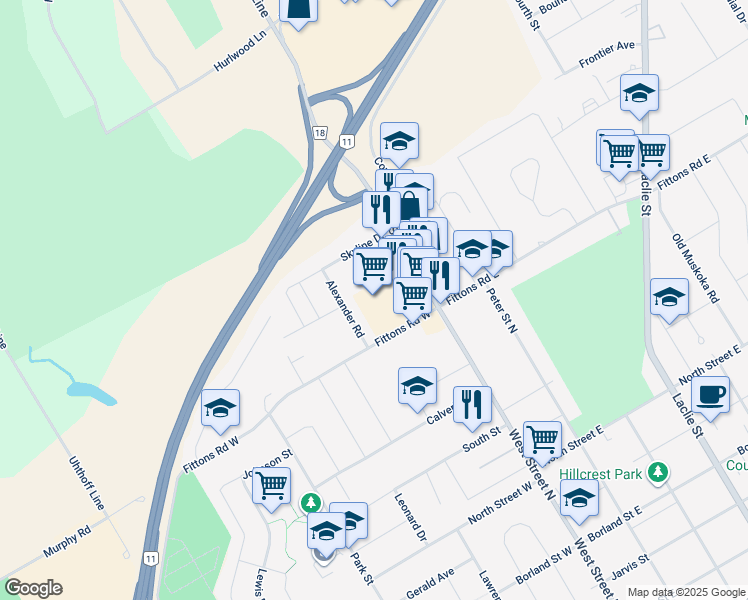 map of restaurants, bars, coffee shops, grocery stores, and more near 425 West Street North in Orillia