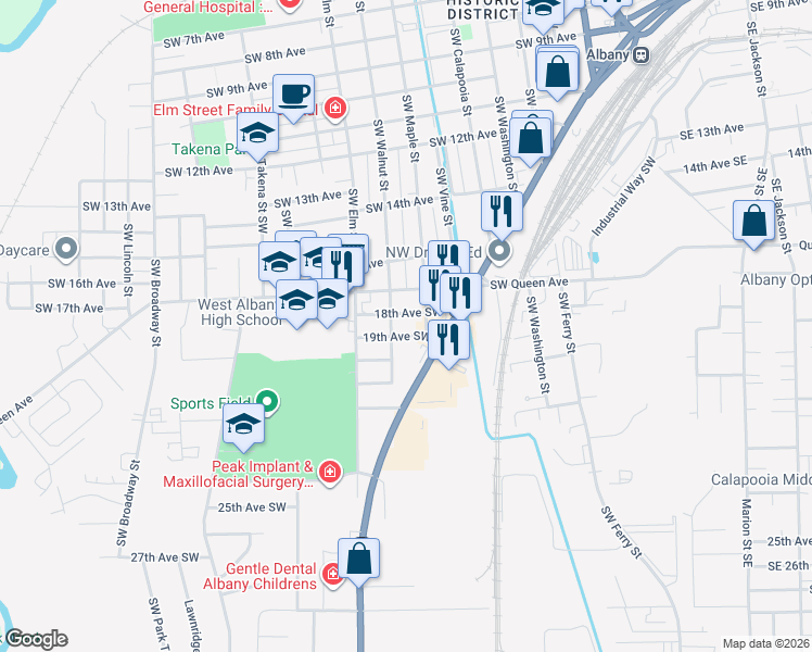 map of restaurants, bars, coffee shops, grocery stores, and more near 1705 Southwest Walnut Street in Albany
