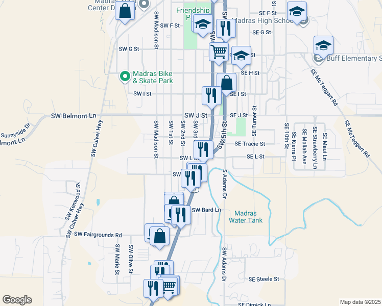 map of restaurants, bars, coffee shops, grocery stores, and more near 880 Southwest 3rd Street in Madras