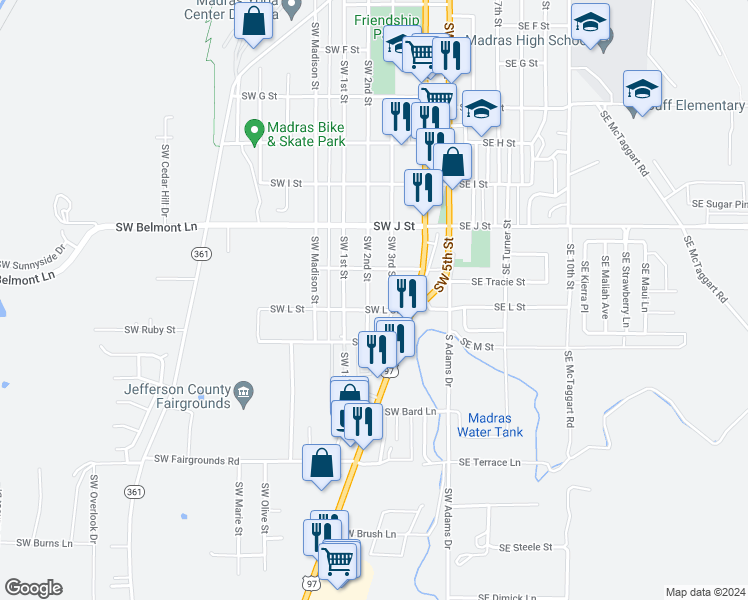map of restaurants, bars, coffee shops, grocery stores, and more near 881 Southwest 2nd Street in Madras