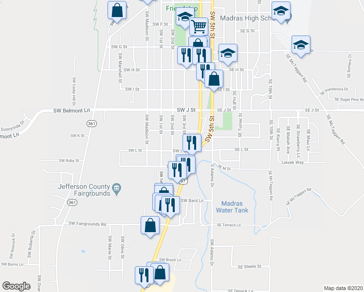 map of restaurants, bars, coffee shops, grocery stores, and more near 882 Southwest 3rd Street in Madras