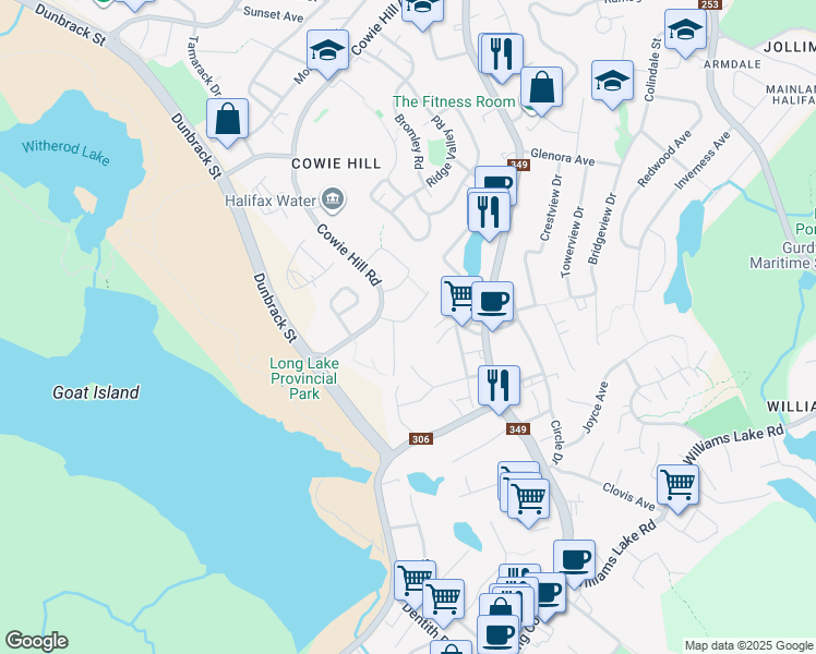 map of restaurants, bars, coffee shops, grocery stores, and more near 25 Grenoble Court in Halifax