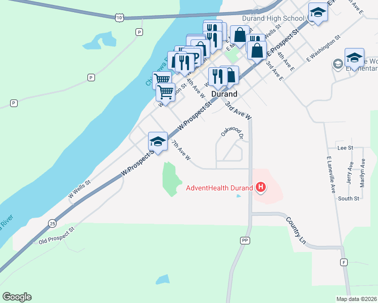 map of restaurants, bars, coffee shops, grocery stores, and more near 530 7th Avenue West in Durand