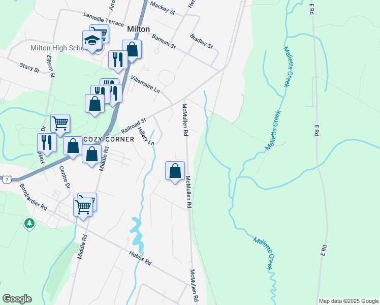 map of restaurants, bars, coffee shops, grocery stores, and more near 32 McMullen Road in Milton