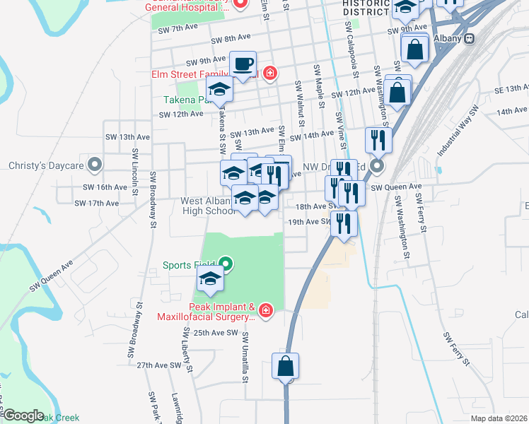 map of restaurants, bars, coffee shops, grocery stores, and more near 1050 Southwest Queen Avenue in Albany