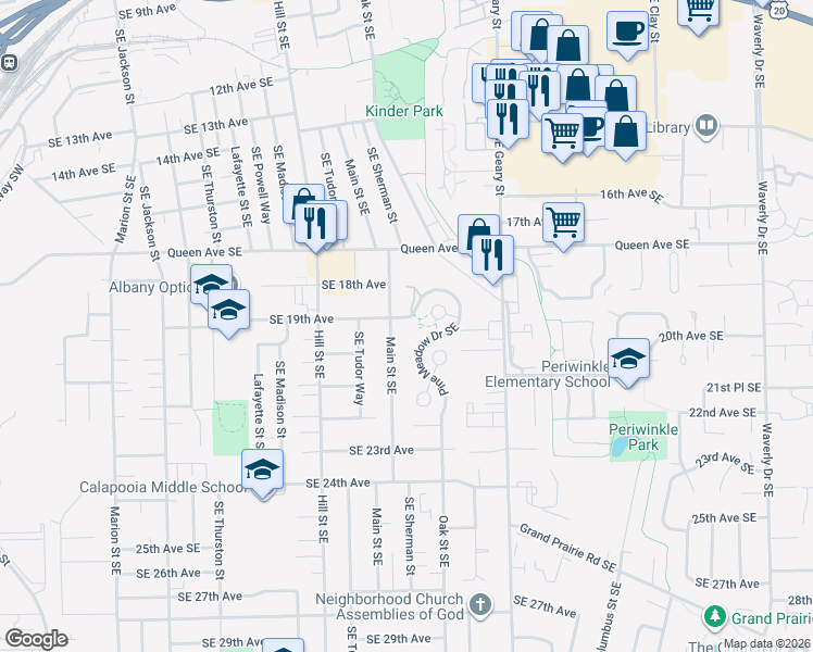 map of restaurants, bars, coffee shops, grocery stores, and more near 1845 Main Street Southeast in Albany