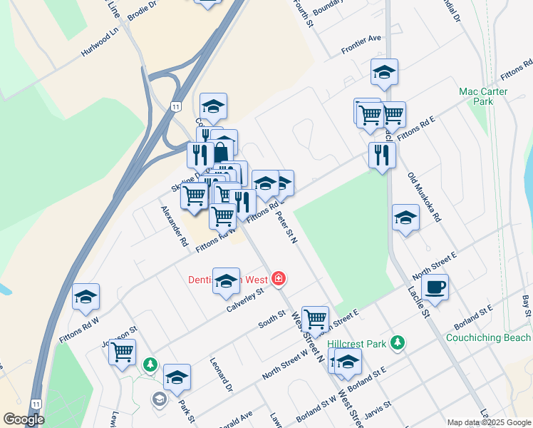 map of restaurants, bars, coffee shops, grocery stores, and more near 454 Peter Street North in Orillia