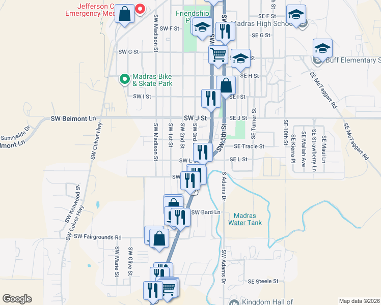 map of restaurants, bars, coffee shops, grocery stores, and more near 822 Southwest 3rd Street in Madras