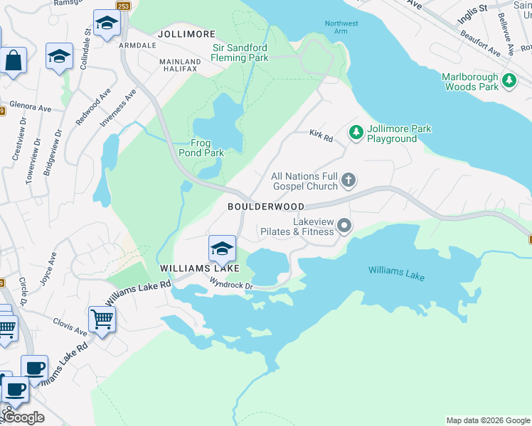 map of restaurants, bars, coffee shops, grocery stores, and more near 1875 Purcells Cove Road in Halifax
