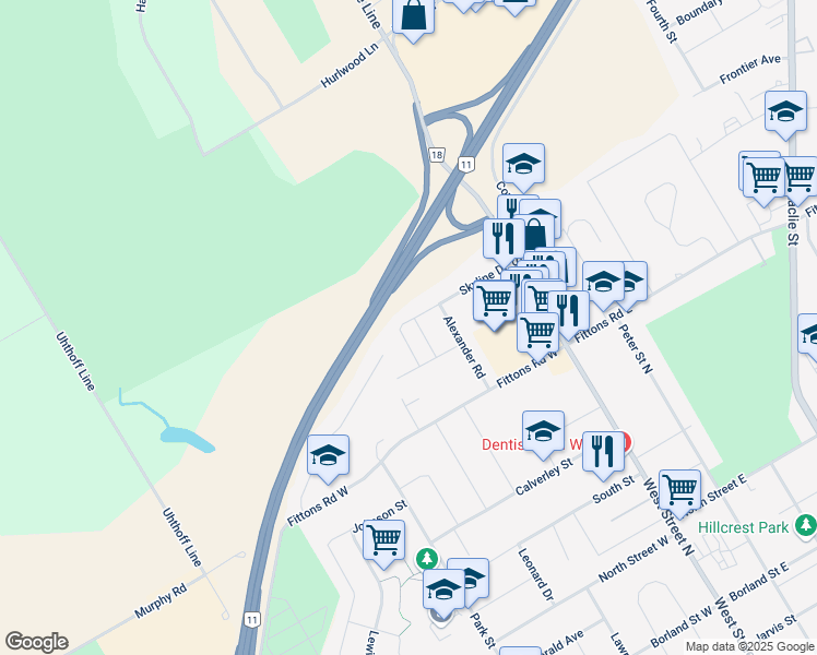 map of restaurants, bars, coffee shops, grocery stores, and more near 36 Ward Avenue in Orillia