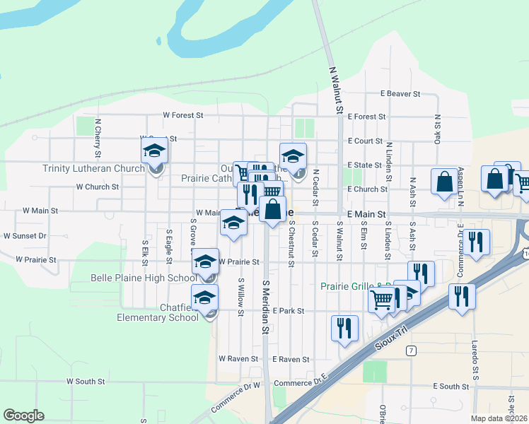 map of restaurants, bars, coffee shops, grocery stores, and more near Balsam Street in Belle Plaine