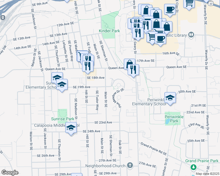 map of restaurants, bars, coffee shops, grocery stores, and more near 1845 Main Street Southeast in Albany