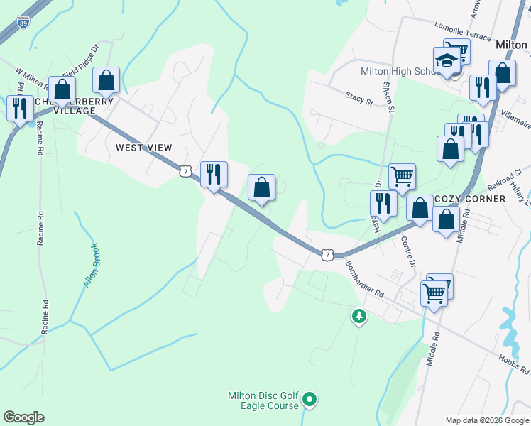 map of restaurants, bars, coffee shops, grocery stores, and more near 20 Boysenberry Drive in Chittenden County
