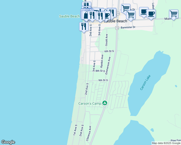 map of restaurants, bars, coffee shops, grocery stores, and more near 803 2nd Avenue South in Sauble Beach