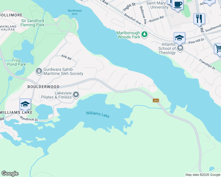 map of restaurants, bars, coffee shops, grocery stores, and more near Purcells Cove Road in Halifax
