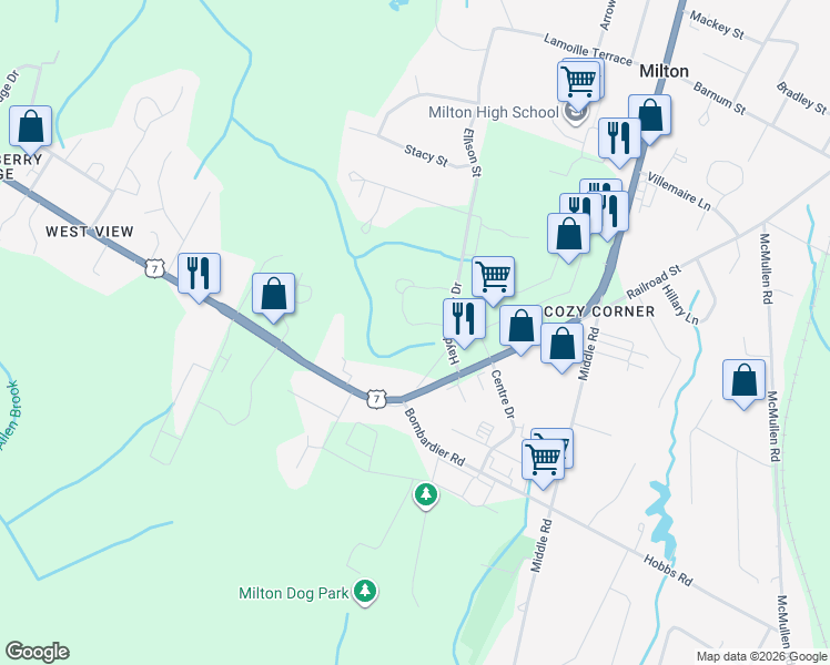 map of restaurants, bars, coffee shops, grocery stores, and more near 11 Haydenberry Drive in Chittenden County