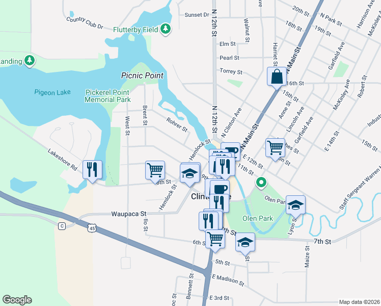 map of restaurants, bars, coffee shops, grocery stores, and more near 68 10th Street in Clintonville