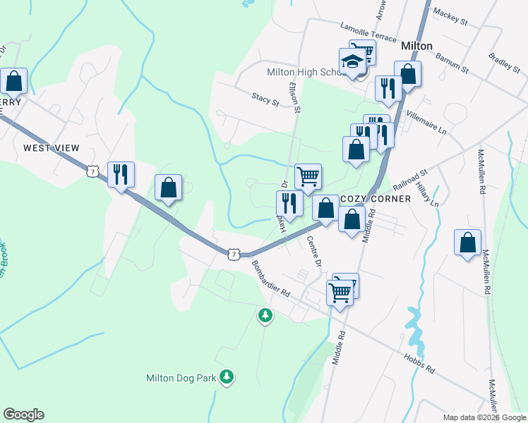 map of restaurants, bars, coffee shops, grocery stores, and more near 11 Haydenberry Drive in Chittenden County
