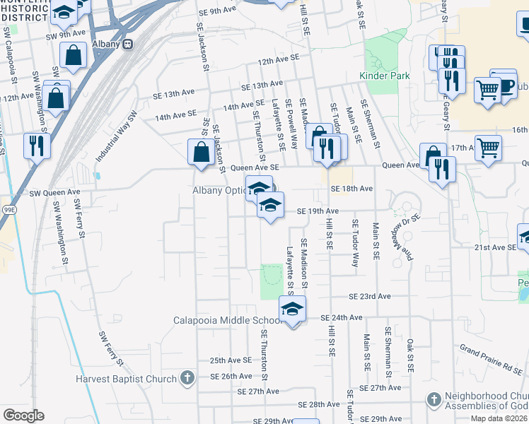 map of restaurants, bars, coffee shops, grocery stores, and more near 1914 Southeast Thurston Street in Albany