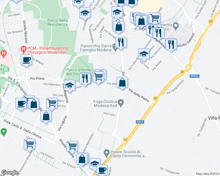 map of restaurants, bars, coffee shops, grocery stores, and more near 3 Via Frosinone in Modena