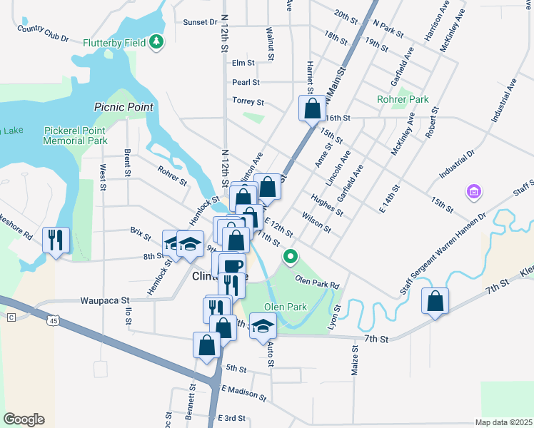 map of restaurants, bars, coffee shops, grocery stores, and more near 2 North Main Street in Clintonville