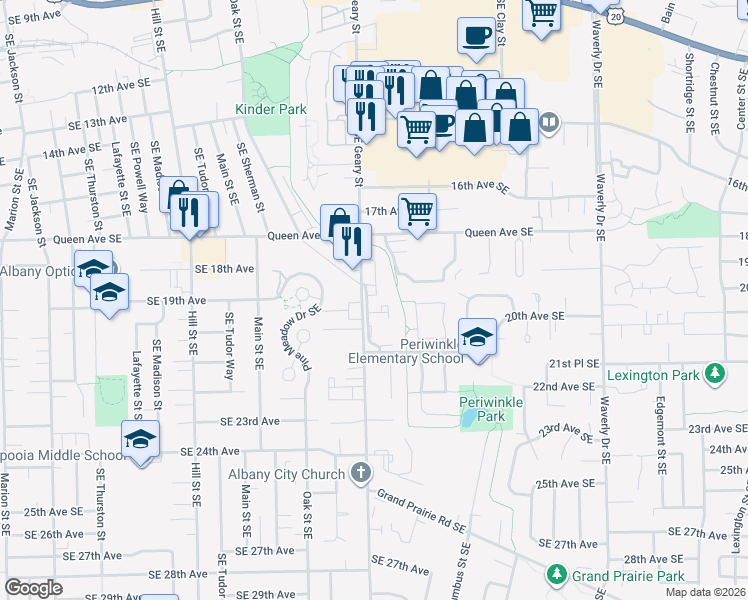 map of restaurants, bars, coffee shops, grocery stores, and more near 1820 Southeast Geary Street in Albany