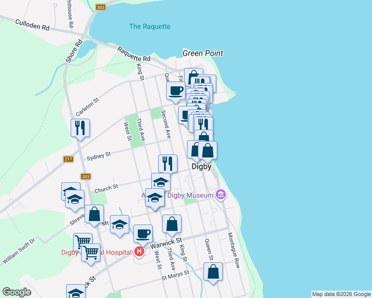 map of restaurants, bars, coffee shops, grocery stores, and more near 140 Queen Street in Digby