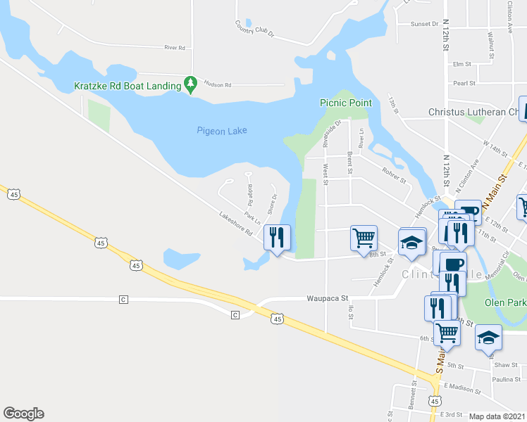 map of restaurants, bars, coffee shops, grocery stores, and more near 65 Shore Drive in Clintonville