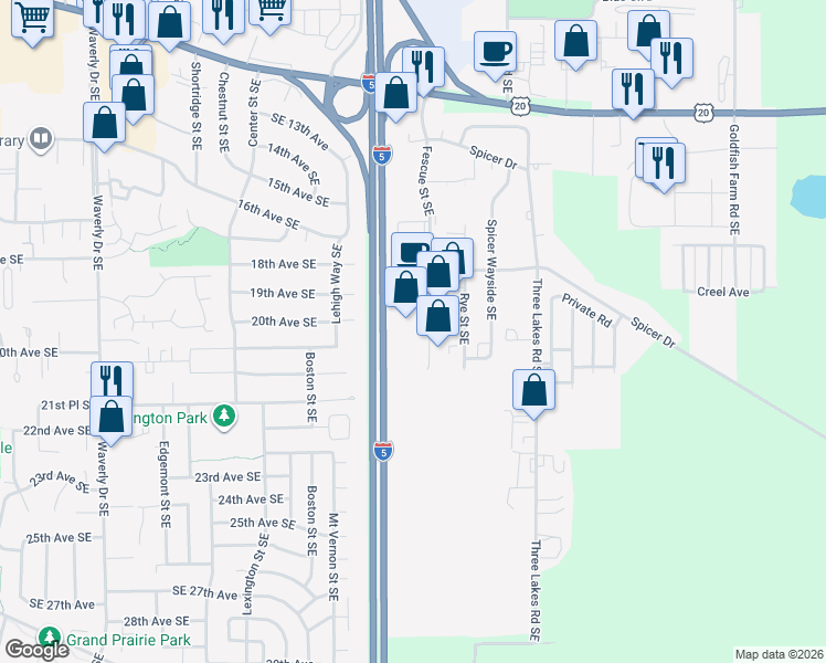 map of restaurants, bars, coffee shops, grocery stores, and more near 1913 Fescue Street Southeast in Albany