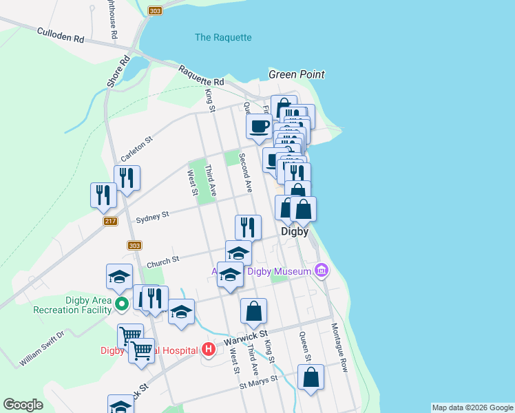 map of restaurants, bars, coffee shops, grocery stores, and more near 143 Queen Street in Digby